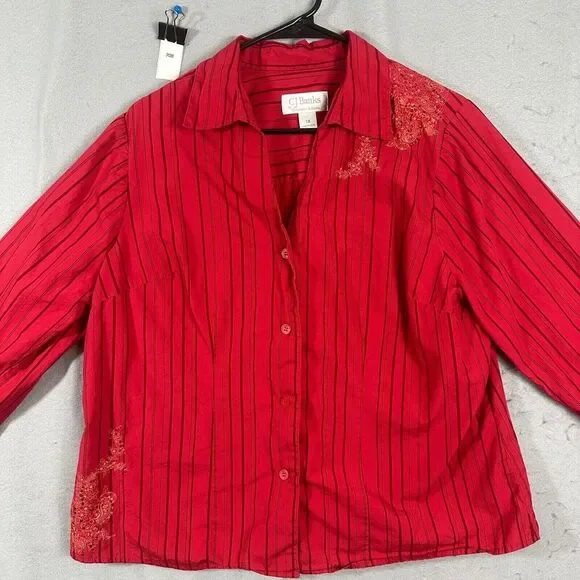 CJ Banks Womens Button Up Top Stripes Red Plus Size 1X - Picture 4 of 11